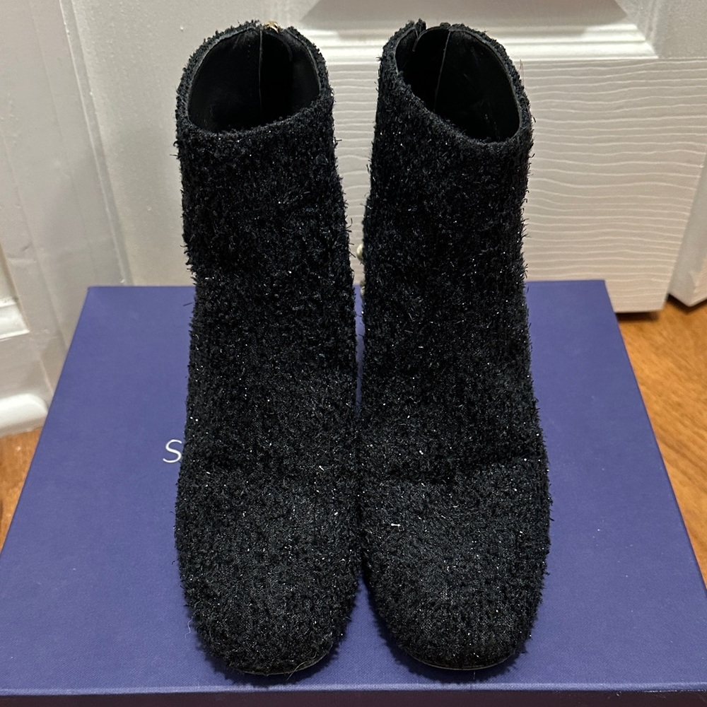 Stuart Weitzman Pearl Bacari ankle boots in “Black Boucle”